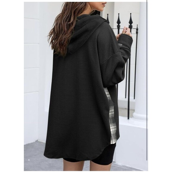 SHEWIN Womens Waffle Knit Plaid Shacket Boyfriend Button Down Hooded Jacket Sml - Picture 3 of 3